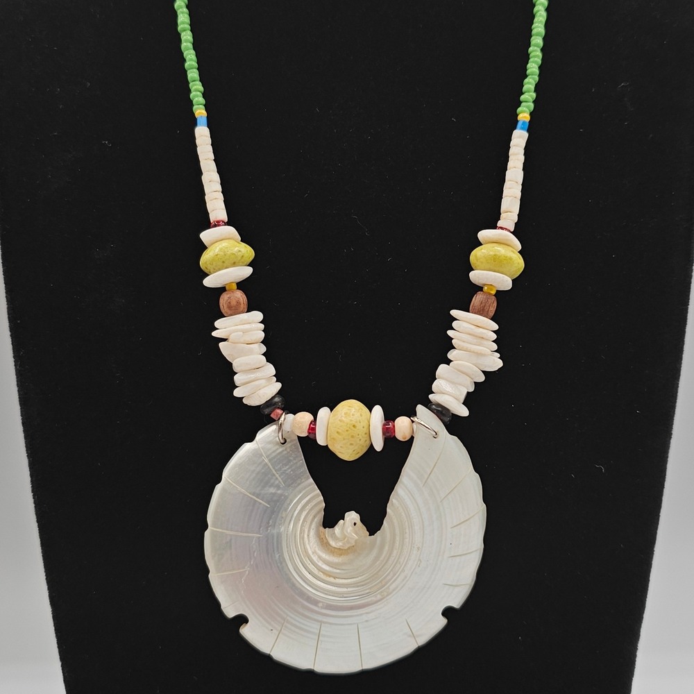 Vintage Carved Shell Necklace Eagle Thunderbird Pendant Beaded Boho Tribal Beach